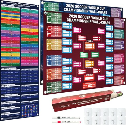 World Cup Tournament‌ 2026 Wallchart Set, A2 Size - 2 Design 104 Matches Poster and 35" x 12" Schedule Chart PVC Material Double Side Printing Roll Packaging No Crease for Soccer Party Bar Home Decorations in Saudi Arabia