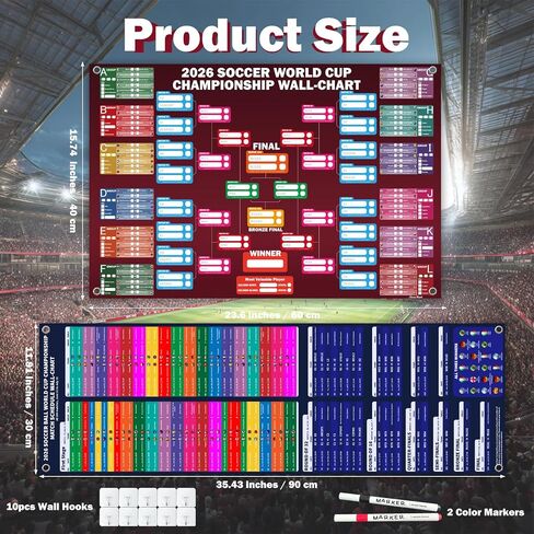 World Cup Tournament‌ 2026 Wallchart Set, A2 Size - 2 Design 104 Matches Poster and 35" x 12" Schedule Chart PVC Material Double Side Printing Roll Packaging No Crease for Soccer Party Bar Home Decorations in Saudi Arabia