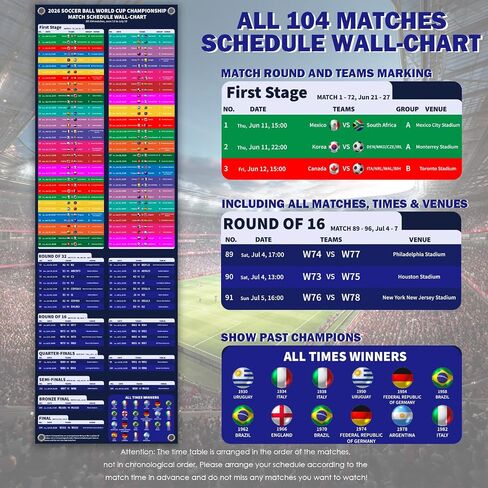 World Cup Tournament‌ 2026 Wallchart Set, A2 Size - 2 Design 104 Matches Poster and 35" x 12" Schedule Chart PVC Material Double Side Printing Roll Packaging No Crease for Soccer Party Bar Home Decorations in Saudi Arabia