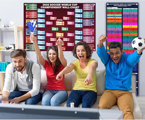 World Cup Tournament‌ 2026 Wallchart Set, A2 Size - 2 Design 104 Matches Poster and 35" x 12" Schedule Chart PVC Material Double Side Printing Roll Packaging No Crease for Soccer Party Bar Home Decorations in Saudi Arabia