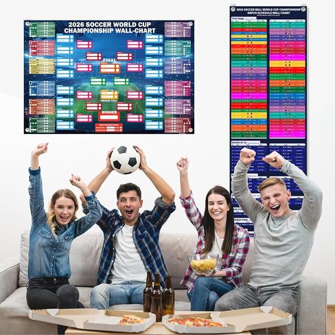World Cup Tournament‌ 2026 Wallchart Set, A2 Size - 2 Design 104 Matches Poster and 35" x 12" Schedule Chart PVC Material Double Side Printing Roll Packaging No Crease for Soccer Party Bar Home Decorations in Saudi Arabia
