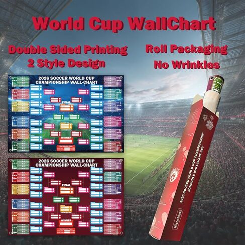 World Cup Tournament‌ 2026 Wallchart Set, A2 Size - 2 Design 104 Matches Poster and 35" x 12" Schedule Chart PVC Material Double Side Printing Roll Packaging No Crease for Soccer Party Bar Home Decorations in Saudi Arabia