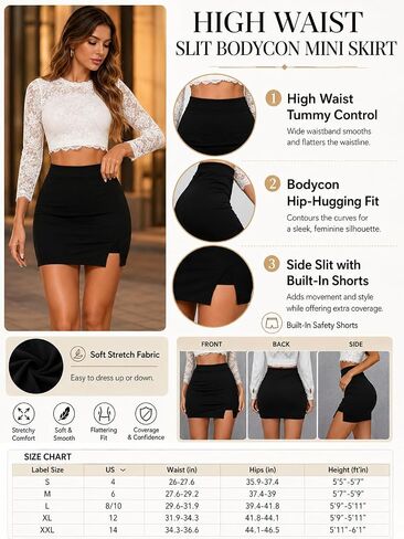 Women's High Waisted Bodycon Mini Skirt-Side Split Anti-Exposure Lined Stretchy Skirt for Club Party Office Night Out Wear in Kuwait