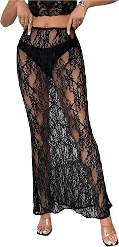 Floerns Women's Lace Maxi Skirt Low Rise See Through Fishtail Beach Cover Up Long Skirt in Kuwait