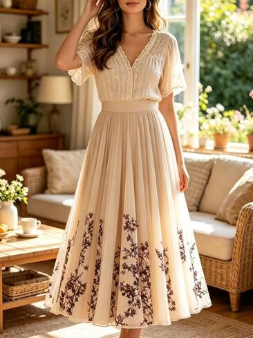 Women's Floral Pleated Maxi Skirt High Waisted A-Line Flowy Chiffon Long Skirt Elegant Boho Vintage Dressy Skirts in Kuwait