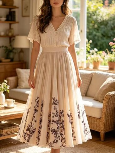 Women's Floral Pleated Maxi Skirt High Waisted A-Line Flowy Chiffon Long Skirt Elegant Boho Vintage Dressy Skirts in Kuwait
