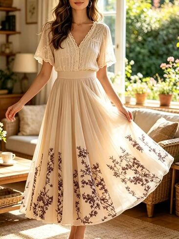 Women's Floral Pleated Maxi Skirt High Waisted A-Line Flowy Chiffon Long Skirt Elegant Boho Vintage Dressy Skirts in Kuwait
