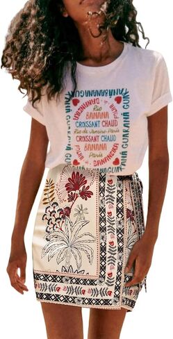 Womens Summer Floral Wrap Short Skirt Tie Side High Waist A Line Beach Vacation Boho Mini Skirt(Beige,XXL) in Kuwait
