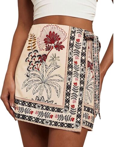 Womens Summer Floral Wrap Short Skirt Tie Side High Waist A Line Beach Vacation Boho Mini Skirt(Beige,XXL) in Kuwait