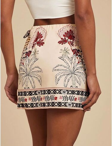 Womens Summer Floral Wrap Short Skirt Tie Side High Waist A Line Beach Vacation Boho Mini Skirt(Beige,XXL) in Kuwait