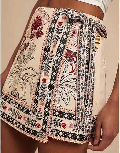 Womens Summer Floral Wrap Short Skirt Tie Side High Waist A Line Beach Vacation Boho Mini Skirt(Beige,XXL) in Kuwait