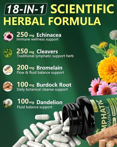 Lymphatic Drainage Supplements, 18-in-1 Herbal Blend with Echinacea, Cleavers, Dandelion, Burdock Root & Rutin, Lymphatic Support for Women & Men, 120 Capsules in Saudi Arabia