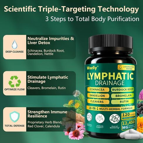 Lymphatic Drainage Supplements, 18-in-1 Herbal Blend with Echinacea, Cleavers, Dandelion, Burdock Root & Rutin, Lymphatic Support for Women & Men, 120 Capsules in Saudi Arabia