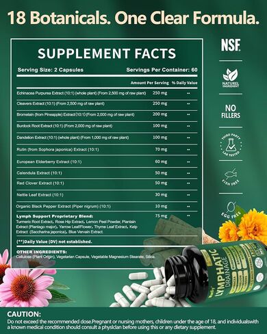 Lymphatic Drainage Supplements, 18-in-1 Herbal Blend with Echinacea, Cleavers, Dandelion, Burdock Root & Rutin, Lymphatic Support for Women & Men, 120 Capsules in Saudi Arabia