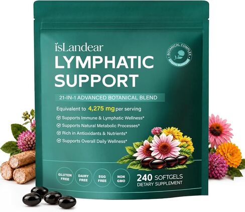 21-in-1 Lymphatic Drainage Supplements, 240 Softgels, 4275mg Lymph System Support for Women & Men, Herbal Blend with Echinacea, Dandelion, Burdock, Bromelain, Calendula, Turmeric & More in Kuwait