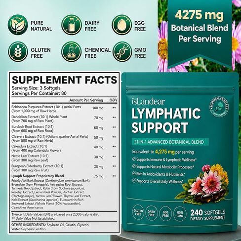 21-in-1 Lymphatic Drainage Supplements, 240 Softgels, 4275mg Lymph System Support for Women & Men, Herbal Blend with Echinacea, Dandelion, Burdock, Bromelain, Calendula, Turmeric & More in Kuwait