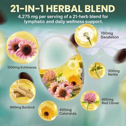 21-in-1 Lymphatic Drainage Supplements, 240 Softgels, 4275mg Lymph System Support for Women & Men, Herbal Blend with Echinacea, Dandelion, Burdock, Bromelain, Calendula, Turmeric & More in Kuwait