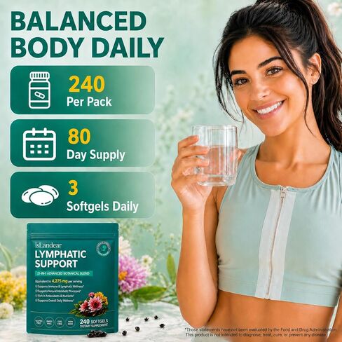 21-in-1 Lymphatic Drainage Supplements, 240 Softgels, 4275mg Lymph System Support for Women & Men, Herbal Blend with Echinacea, Dandelion, Burdock, Bromelain, Calendula, Turmeric & More in Kuwait