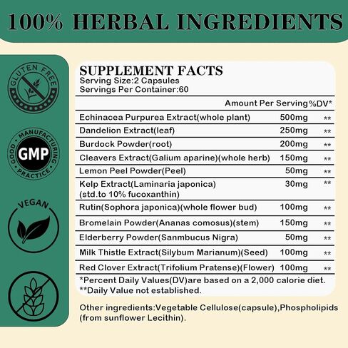 Lymphatic Drainage Supplements,13-in-1 Herbal Formula with Echinacea,Dandelion &Burdock,Liposomal Technology,Support Fluid Balance & Immune Support,120 Capsules(Pack of 1) in Saudi Arabia