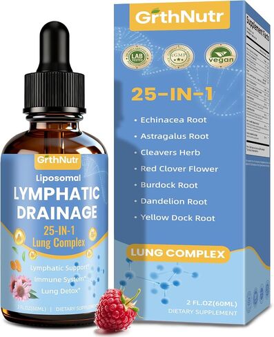 25-in-1 Liposomal Lymphatic Drainage Drops with Echinacea, Burdock, Dandelion, Calendula, Milk Thistle for Lung Detox - Support Lymphatic Health, Immune Support, Liver Cleanse Detox & Repair, 2 fl oz in Kuwait