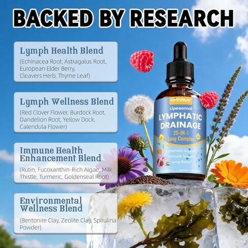 25-in-1 Liposomal Lymphatic Drainage Drops with Echinacea, Burdock, Dandelion, Calendula, Milk Thistle for Lung Detox - Support Lymphatic Health, Immune Support, Liver Cleanse Detox & Repair, 2 fl oz in Kuwait