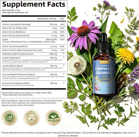 25-in-1 Liposomal Lymphatic Drainage Drops with Echinacea, Burdock, Dandelion, Calendula, Milk Thistle for Lung Detox - Support Lymphatic Health, Immune Support, Liver Cleanse Detox & Repair, 2 fl oz in Kuwait
