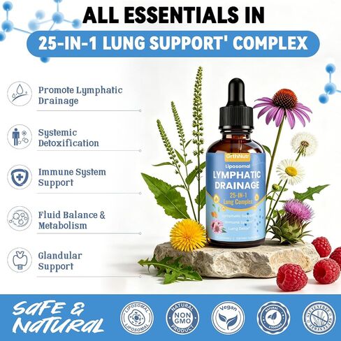 25-in-1 Liposomal Lymphatic Drainage Drops with Echinacea, Burdock, Dandelion, Calendula, Milk Thistle for Lung Detox - Support Lymphatic Health, Immune Support, Liver Cleanse Detox & Repair, 2 fl oz in Kuwait