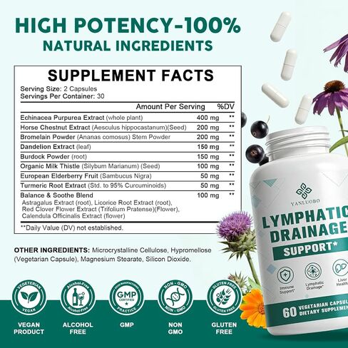 Lymphatic Drainage Capsules – Advanced Lymphatic System Support, Lymphatic Complex – with Echinacea, Dandelion, Bromelain, Horse Chestnut, for Fluid Balance, Immune & Liver Health – 60 Capsules in Kuwait