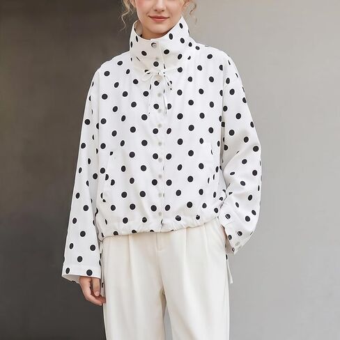 Songling Women Tie Front Polka Dot Jacket Lightweight Stand Collar Button Down Jackets Cropped Spring Casual Coat(White,L) in Saudi Arabia