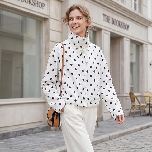Songling Women Tie Front Polka Dot Jacket Lightweight Stand Collar Button Down Jackets Cropped Spring Casual Coat(White,L) in Saudi Arabia