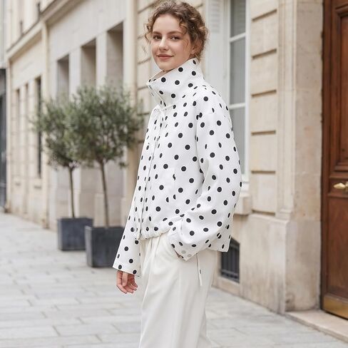 Songling Women Tie Front Polka Dot Jacket Lightweight Stand Collar Button Down Jackets Cropped Spring Casual Coat(White,L) in Saudi Arabia