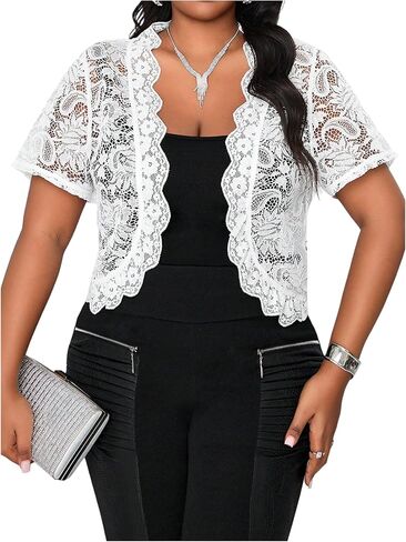 WDIRARA Women's Plus Size Floral Lace Bolero Shrug Elegant Short Sleeve Open Front Jackets in Kuwait