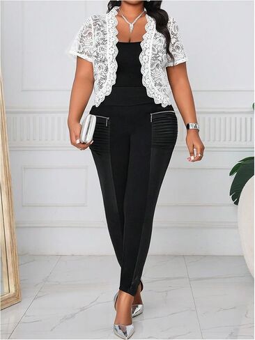 WDIRARA Women's Plus Size Floral Lace Bolero Shrug Elegant Short Sleeve Open Front Jackets in Kuwait