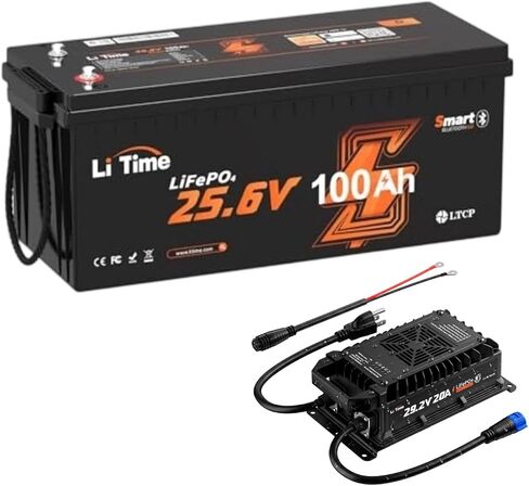 LiTime 24V 100Ah Bluetooth LiFePO4 Lithium Battery with 20A LiFePO4 Battery Charger, Low-Temp Protection, 4000+ Cycles with 100A BMS, Max. 2560Wh Energy for RV, Trolling Motor, Marine, Off-Grid in Kuwait