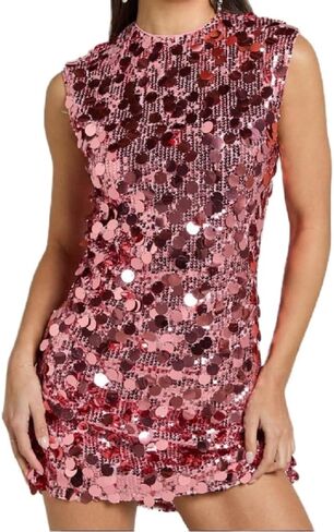 Women Sparkle Sequin Mini Dress Shiny Glitter Round-Neck Tank Short Dress Sparkly Night Out Cocktail Clubwear Dresses in Saudi Arabia