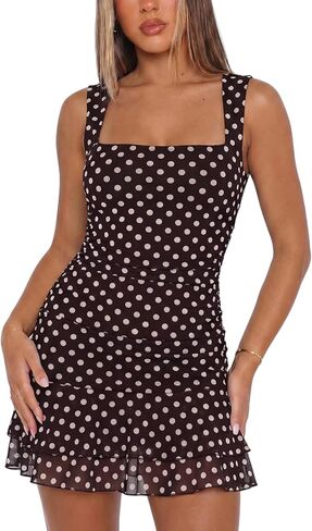 UNCOOYEE Women's Sexy Square Neck Ruched Mesh Bodycon Dress Ruffle Hem Sleeveless Cocktail Party Short Mini Dresses in Saudi Arabia