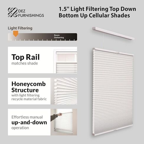 DEZ FURNISHINGS Cordless 1.5" Light Filtering Top Down Bottom Up Cellular Shade, 23.5" W x 36" H, White in Kuwait