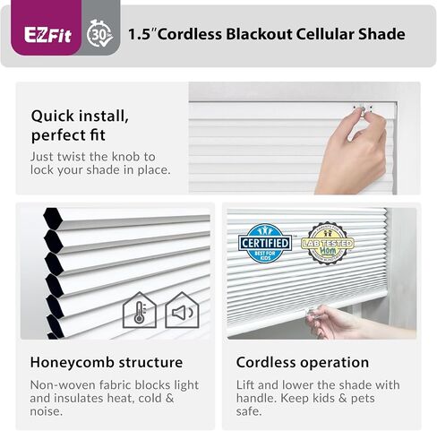 DEZ FURNISHINGS EZ Fit No Tools No Drill Cordless 1.5" Blackout Cellular Shade, 22.5" W x 72" H, White in Kuwait