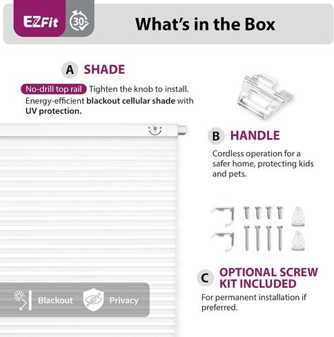 DEZ FURNISHINGS EZ Fit No Tools No Drill Cordless 1.5" Blackout Cellular Shade, 22.5" W x 72" H, White in Kuwait