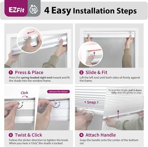 DEZ FURNISHINGS EZ Fit No Tools No Drill Cordless 1.5" Blackout Cellular Shade, 22.5" W x 72" H, White in Kuwait