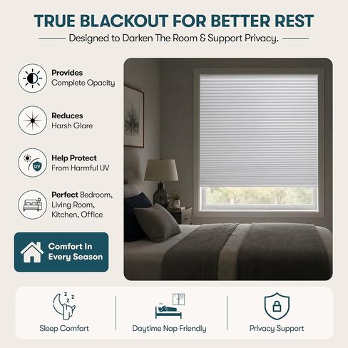 Cellular Cordless Shades for Indoor Windows, No Drill No Tools, Adhesive Mount, Thermal Insulation, Room Darkening Blackout Window Blinds for Home, Color: White, Size: 22.5" W x 64" H in Saudi Arabia