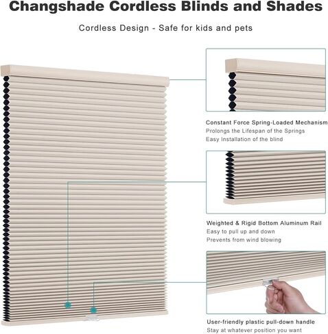 Changshade Cordless Cellular Shades, Blackout Honeycomb Shades for Windows, Pull Down Pleated Blinds, Easy to Install for Indoor Windows and French Doors,65" W x 72" H, Beige in Kuwait