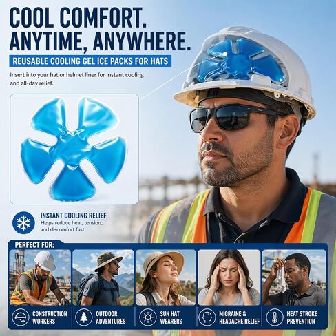 Reusable Cooling Gel Ice Packs for Hats, Adjustable Cold Therapy Headband Inserts for Hard Hats, Sun Hats, 4-Hour Relief for Construction Workers, Migraines, Heat Stroke Prevention, 4 Pack in Saudi Arabia