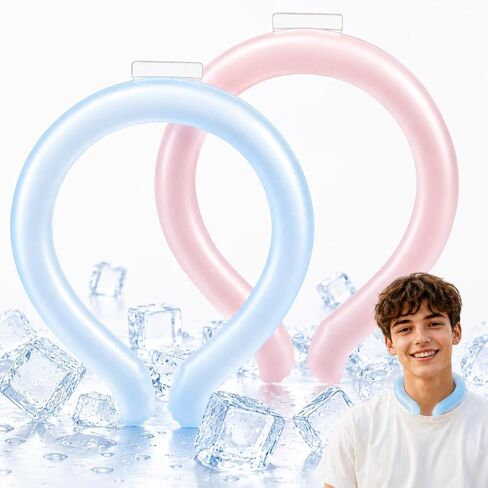 Neck Cooling Tube for Summer Heat Relief, 2 Pack, Reusable Ice Cooling Ring, Wearable Collar for Sports, Outdoor Work, Travel and Hot Flashes, Pink and Blue in Kuwait