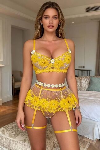 Women Lingerie Naughty Lace Bodysuit Set,Floral Embroidered Mesh Lingerie Set,Sexy Bra and Mini Skirt with Thong-Yellow in Kuwait