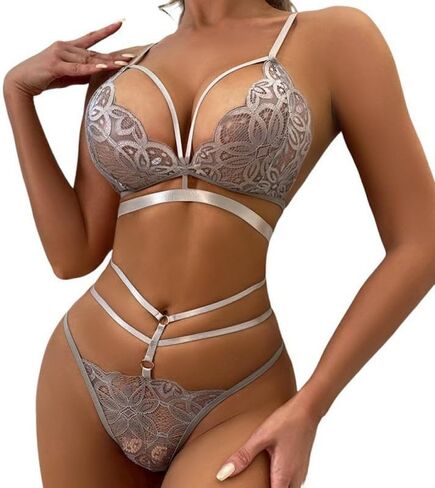 2 Pcs Women's Sexy Lace Lingerie,Strappy Halter Bra & Thong,Women's Caged Lace Lingerie Set,for Beach,Pool,Vacation (Grey) in Kuwait