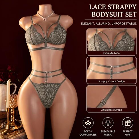 2 Pcs Women's Sexy Lace Lingerie,Strappy Halter Bra & Thong,Women's Caged Lace Lingerie Set,for Beach,Pool,Vacation (Grey) in Kuwait