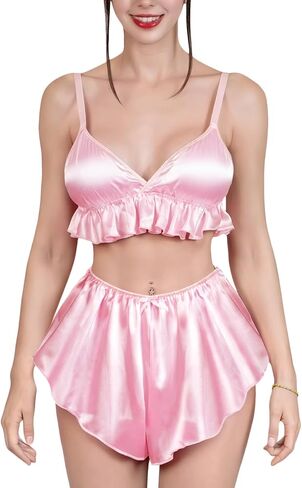 Littleforbig Unisex Silky Satin Frill Ruffled Bralette and Shorts Lingerie Set Loungewear Sissy Doll French Bralette Set in Kuwait