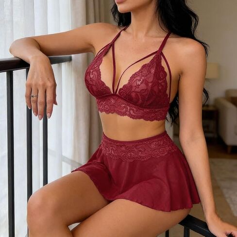 Women's Black Lace Lingerie Set, Strappy Deep V Bralette & Sheer Mesh Skirt for Nightwear & Special Occasions in Kuwait