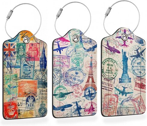 طوابع Wanderlust الرجعية 3 قطع من علامات الأمتعة المصنوعة من جلد البولي يوريثان لحقيبة السفر، وعلامة الأمتعة مع غطاء للخصوصية، وملصق معرف الاسم وحلقة معدنية للنساء والرجال وحقيبة يد وحقيبة مدرسية وحقيبة ظهر in Kuwait